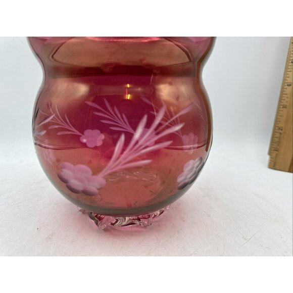 Floral Etched Cranberry Glass Lidded Candy Pedestal Made In Italy Vintage 9 In - Picture 2 of 12